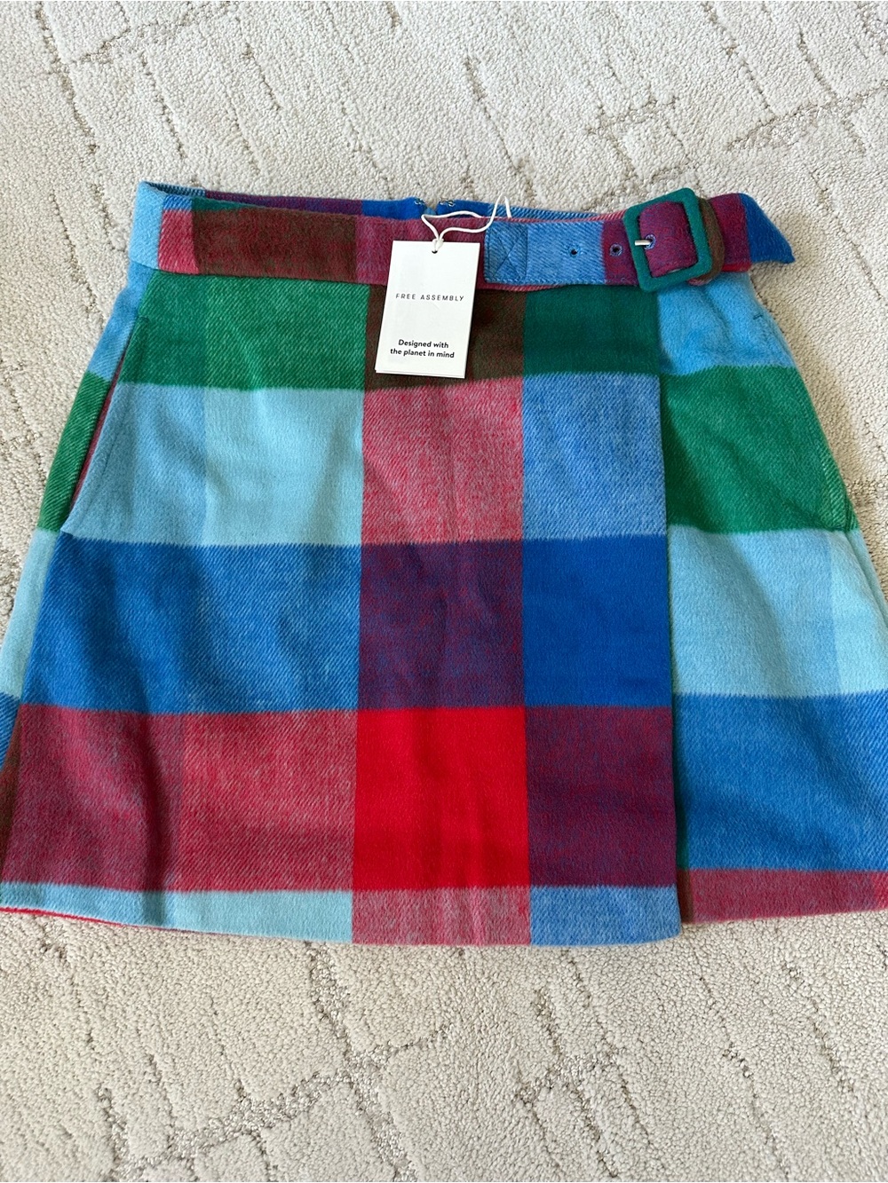 NWT Free Assembly Multicolor Plaid Wool Blend Mini Skirt with Belt Size 0